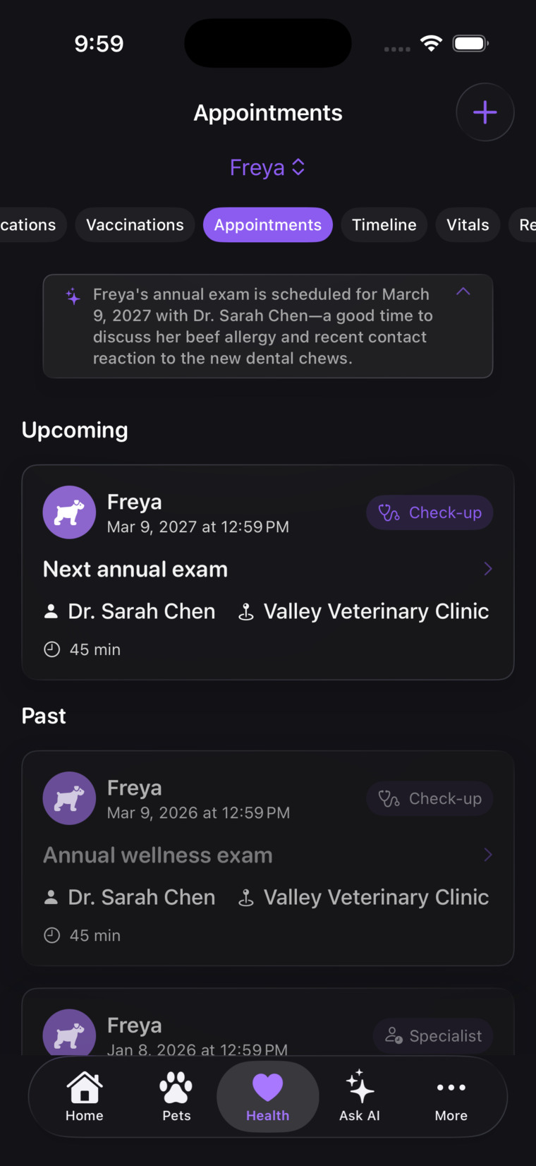 Appointments — upcoming visits and the full history of past ones