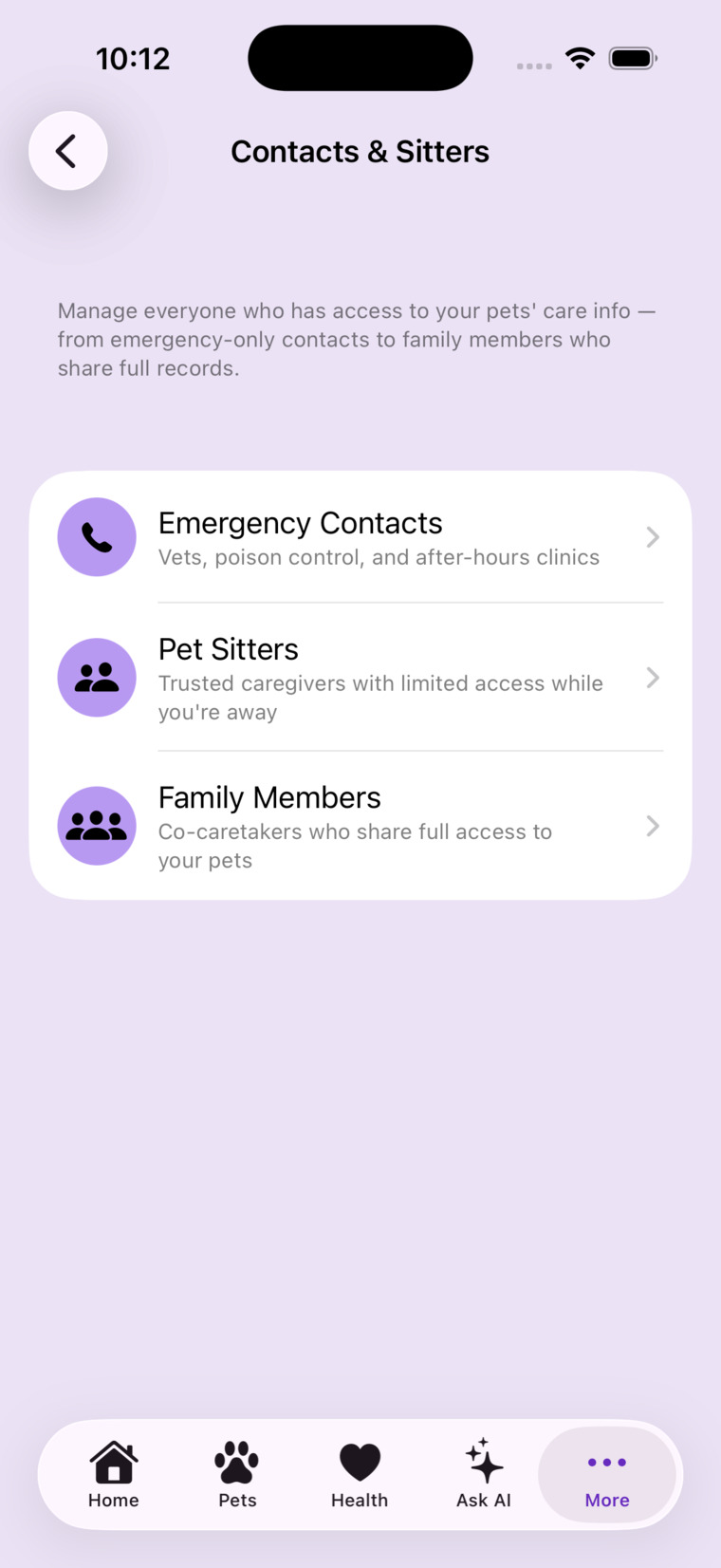 Contacts & Sitters — emergency contacts, pet sitters, and family members in one place