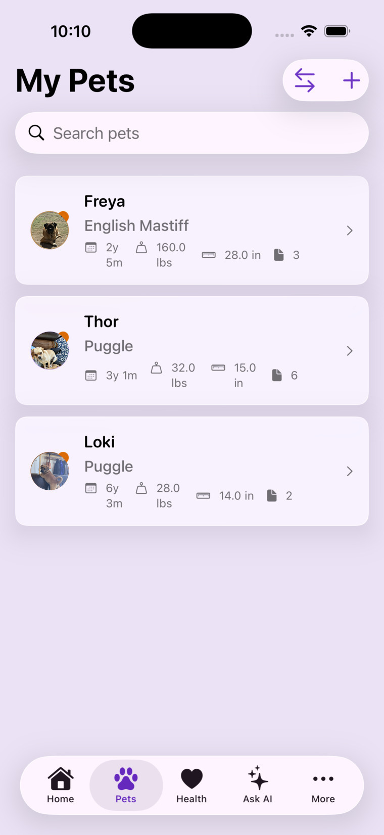 The My Pets roster — Freya, Thor and Loki with photos, breeds, vitals and record counts