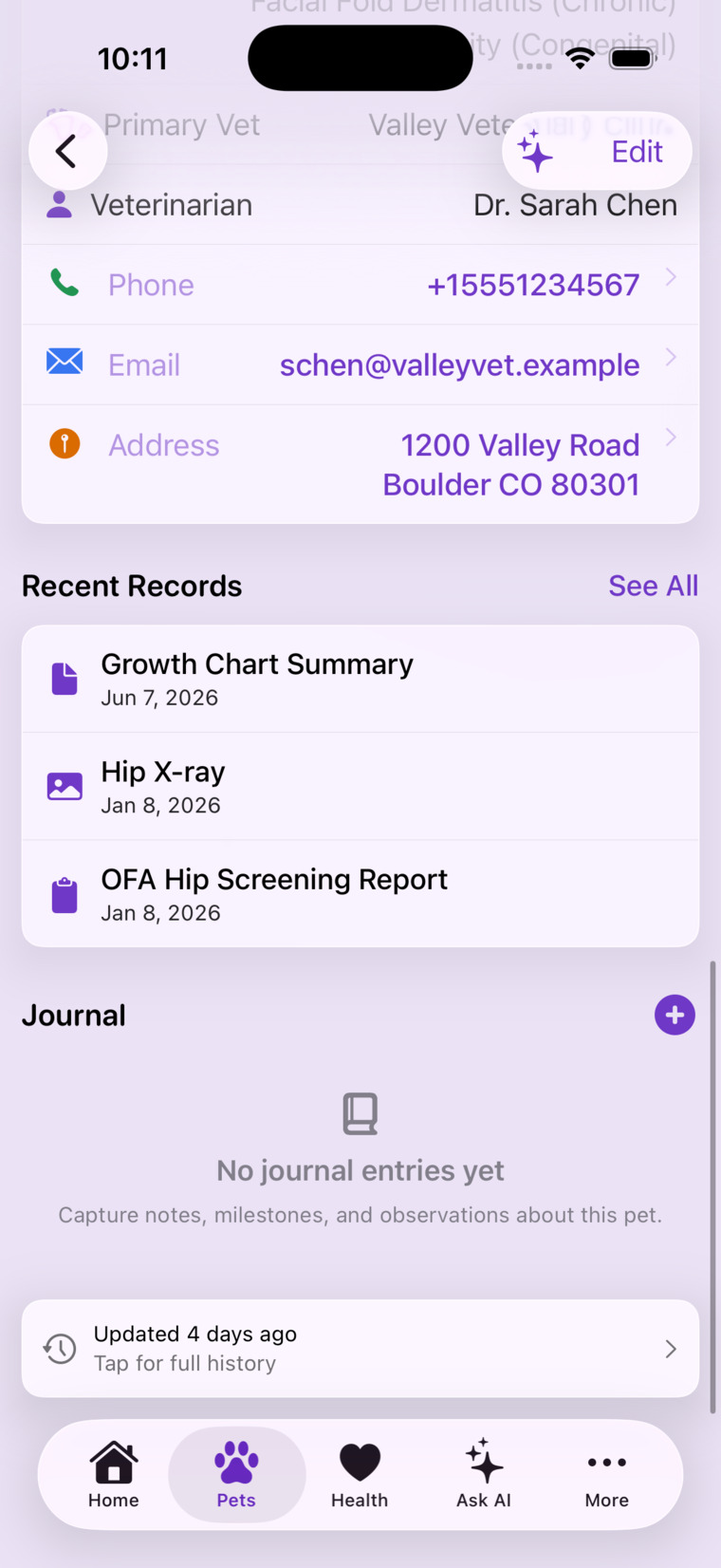 The same profile, scrolled down — primary vet, recent records, and a running journal