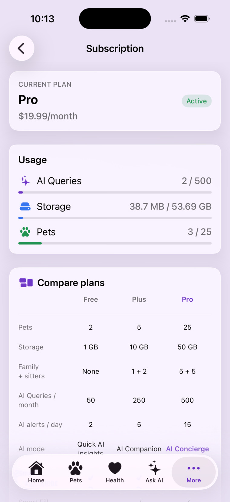 Subscription plans with usage and a plan comparison