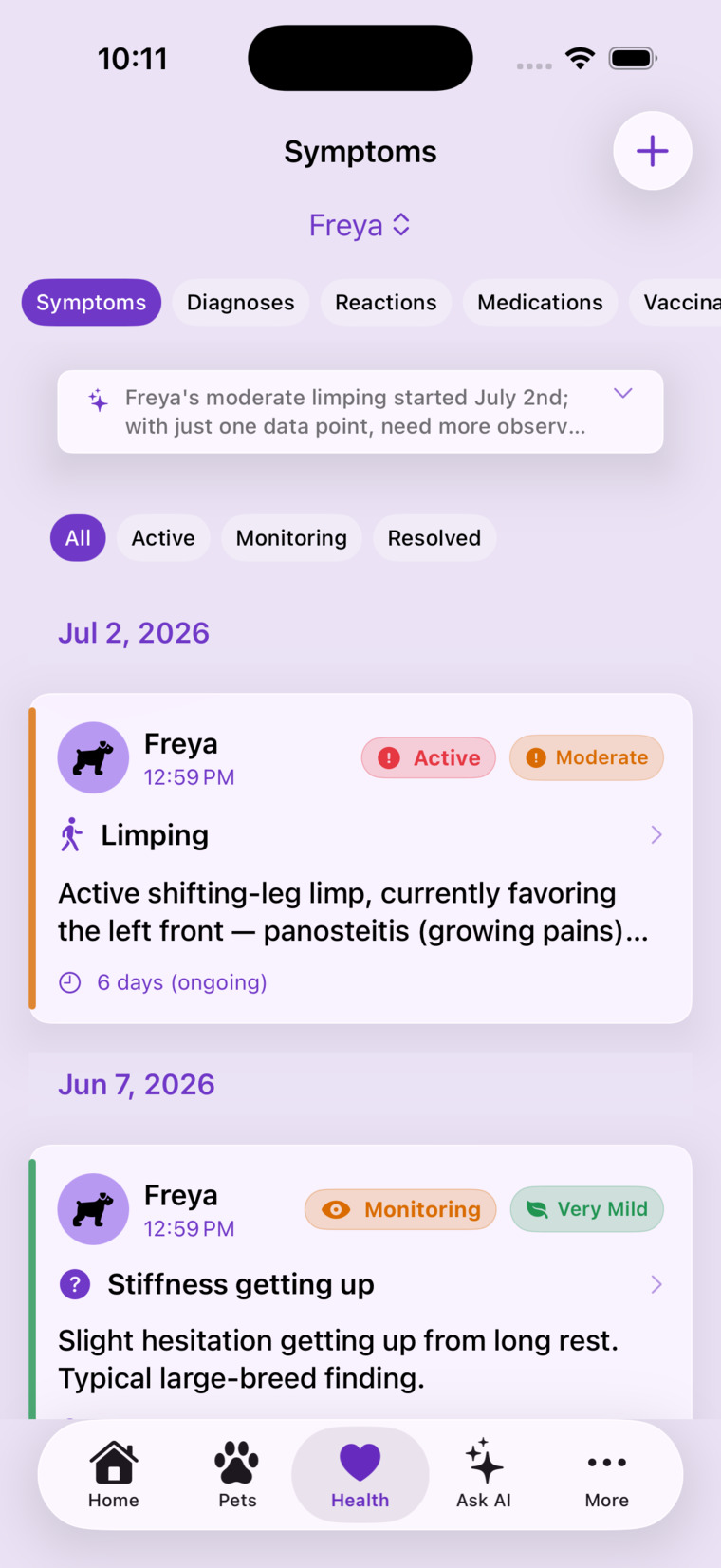 Symptoms logged with severity, body location, status filters and an AI insight