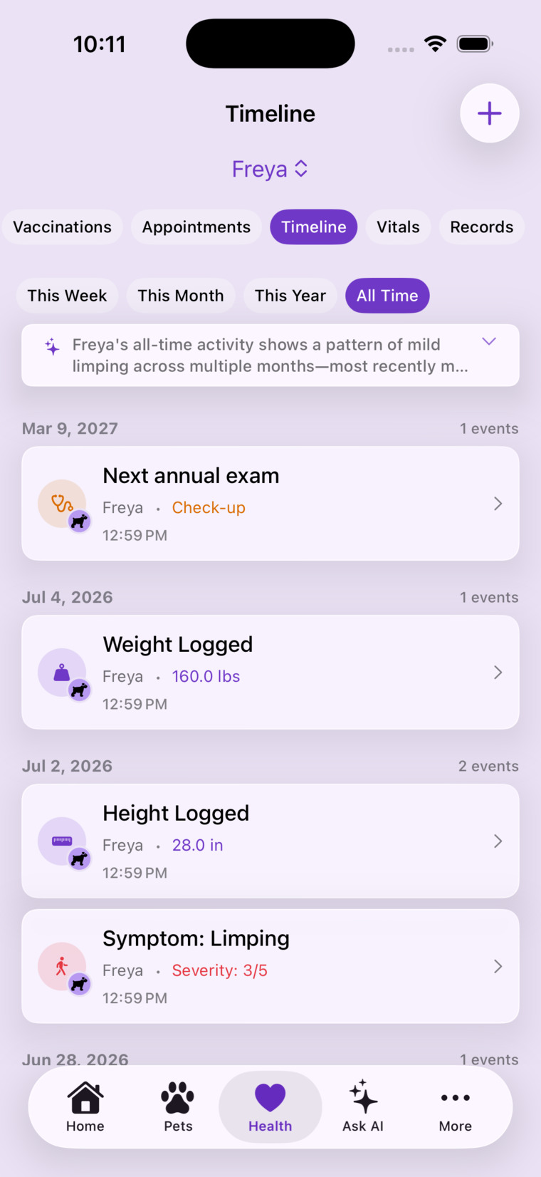 A pet's connected health timeline of records and events