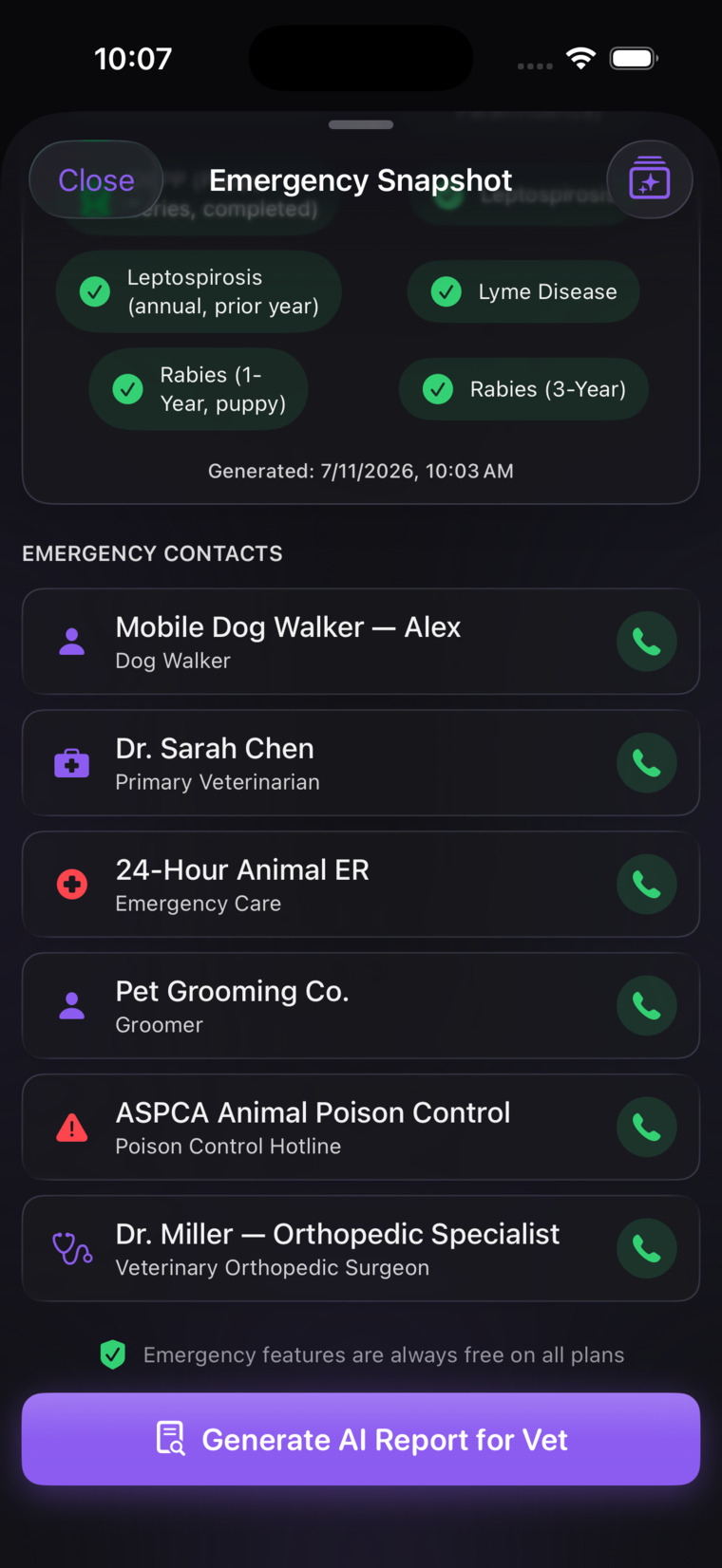 Emergency contacts — vet, 24-hour ER, poison control — with the Generate AI Report button