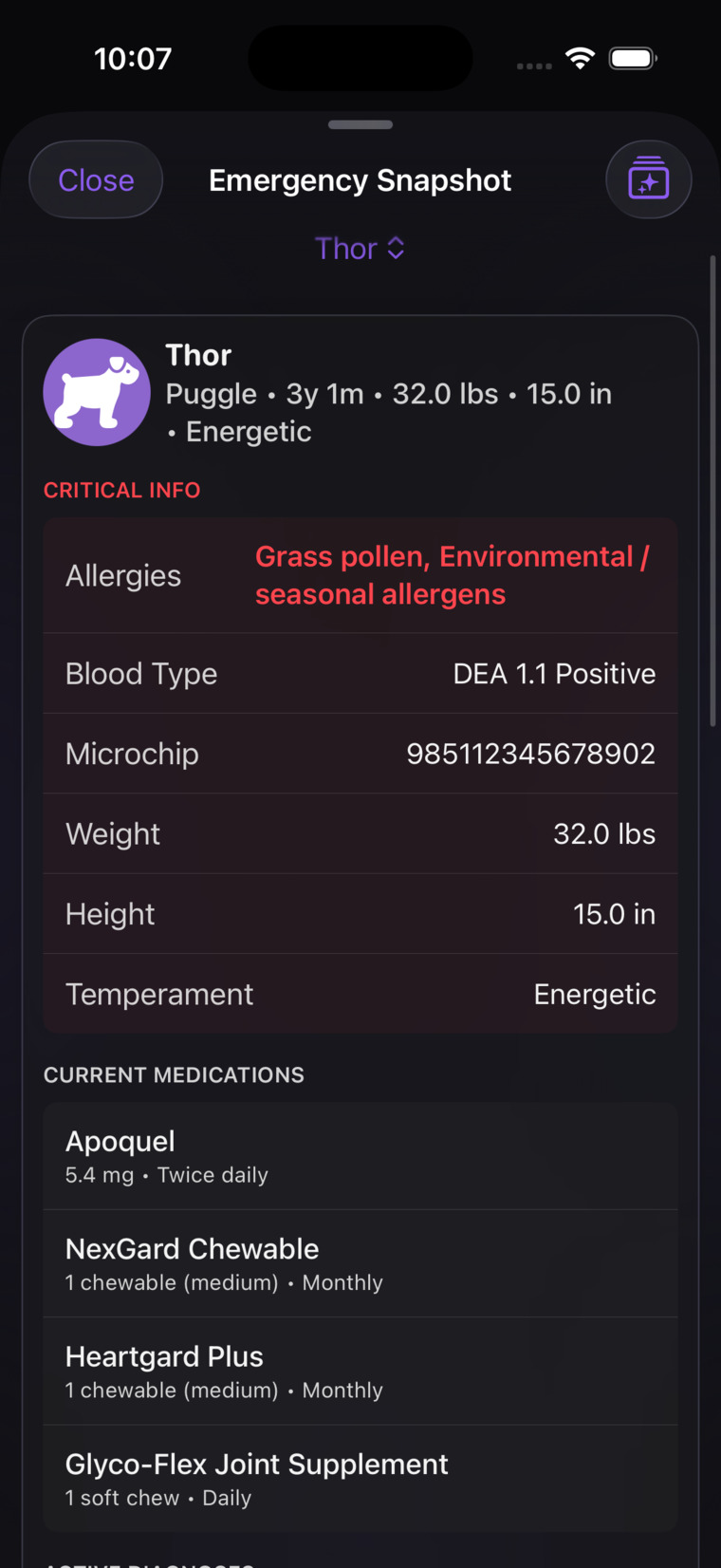 The offline Emergency Snapshot — critical allergies in red, blood type, microchip, and current medications